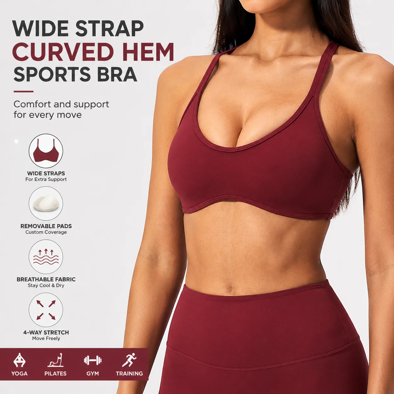Women's Wide Strap Curved Hem Sports Bra with Padded Cups Seamless Workout Bralette for Yoga Pilates Gym Training