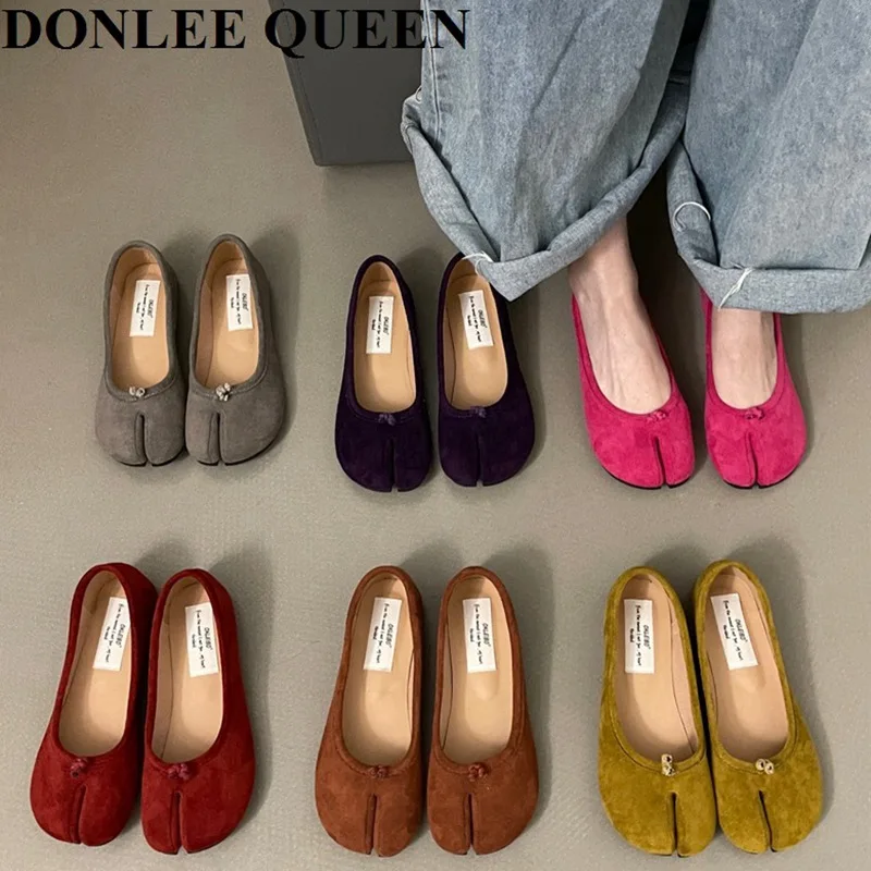 2023 New Suede Bowtie Tabi Ninja Shoes Woman Flat Soft Trotters Split Toe Ballet Ladies Round High Heeled Loafers Femmes Tacones