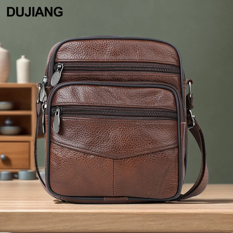 Men's genuine leather single-shoulder backpack, large-capacity, multi-pocket, multi-functional crossbody square travel backpack