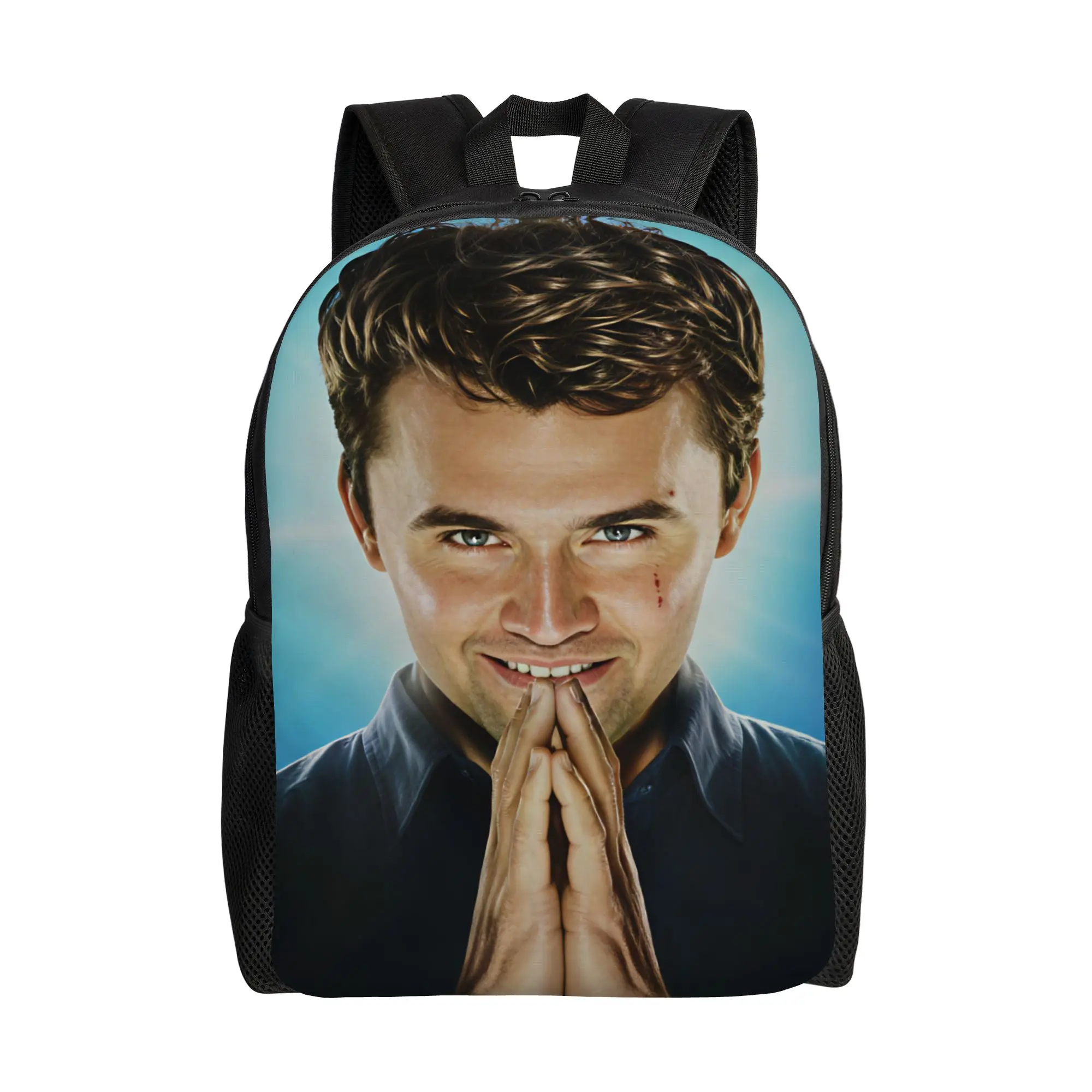 Charlie Kirk Praying Hands Blue Radiant Portrait Backpac Men Polyester Outdoor Style Backpacks Large Kawaii School Bags Rucksack