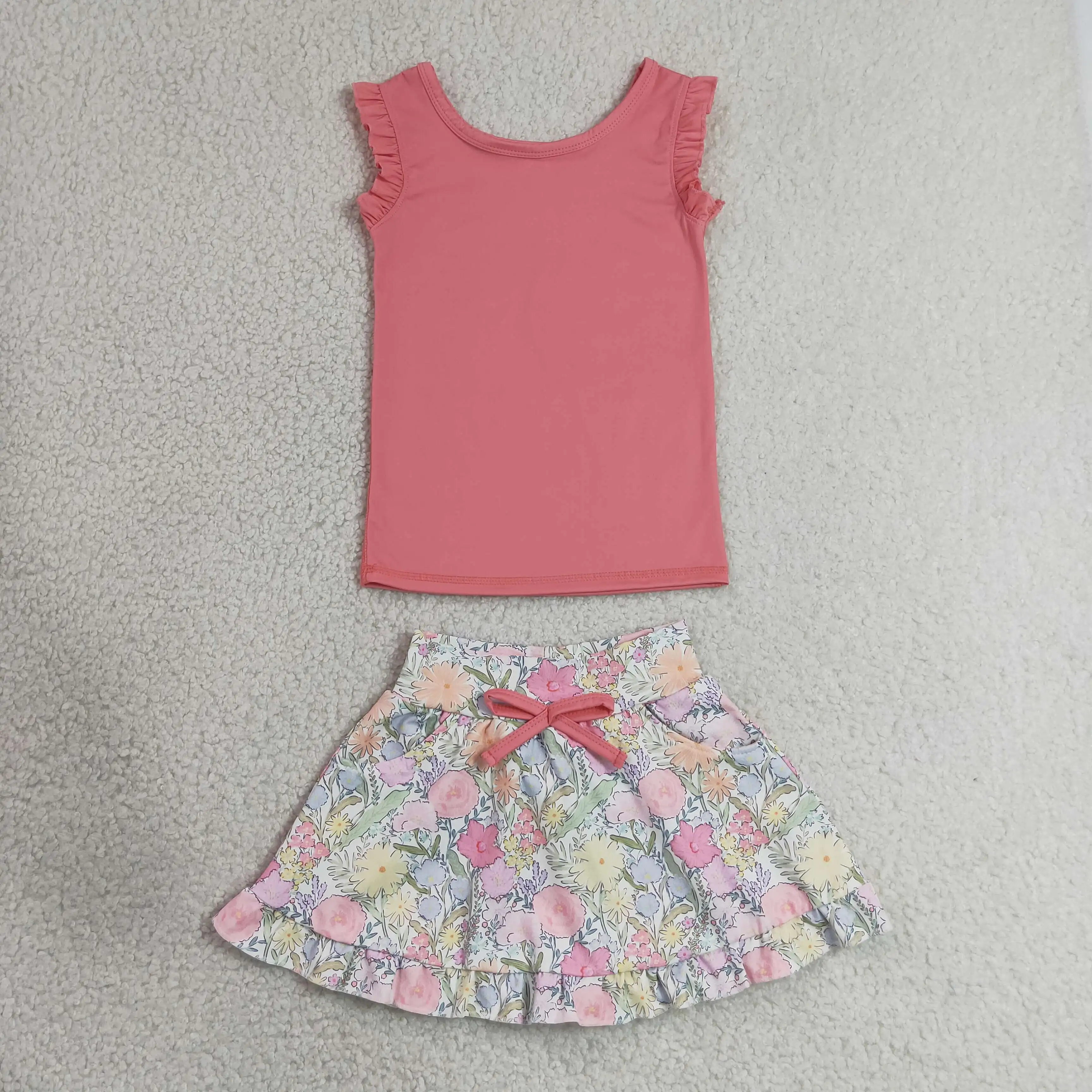 Wholesale Toddler Sleeveless Shirt Pockets Flower Skirt Shorts Kid Set Athletic Baby Girl Yoga Active Summer Breathable Clothing