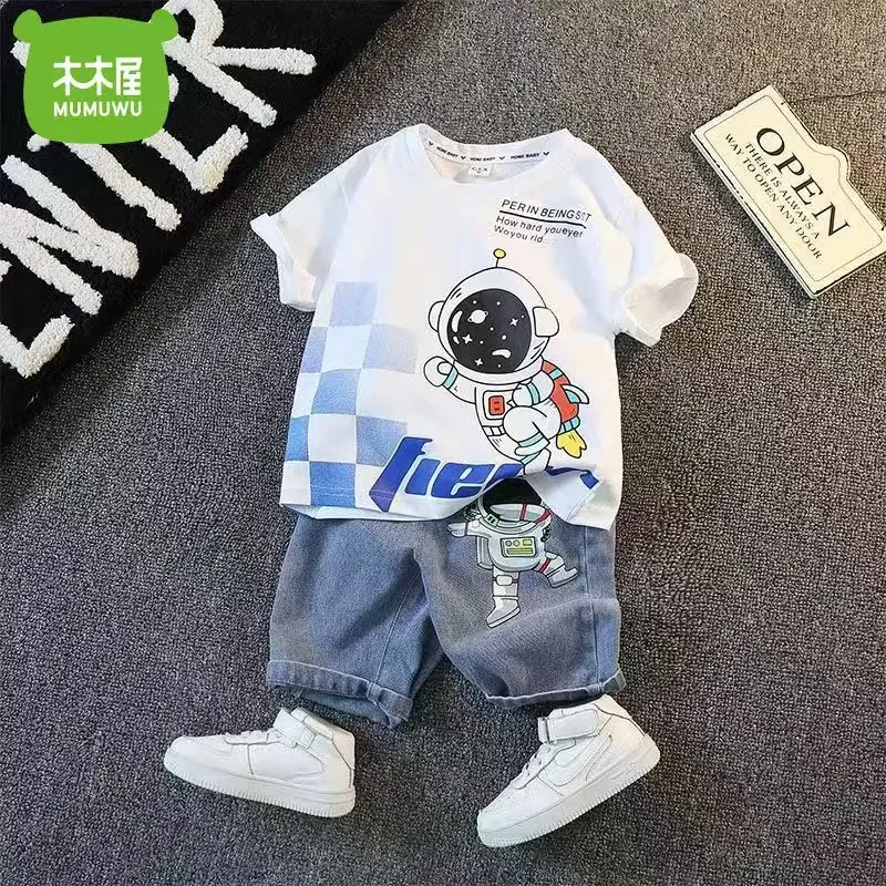 

Boy summer cotton short sleeve denim shorts new style leisure cool kids astronaut print two-piece setildren
