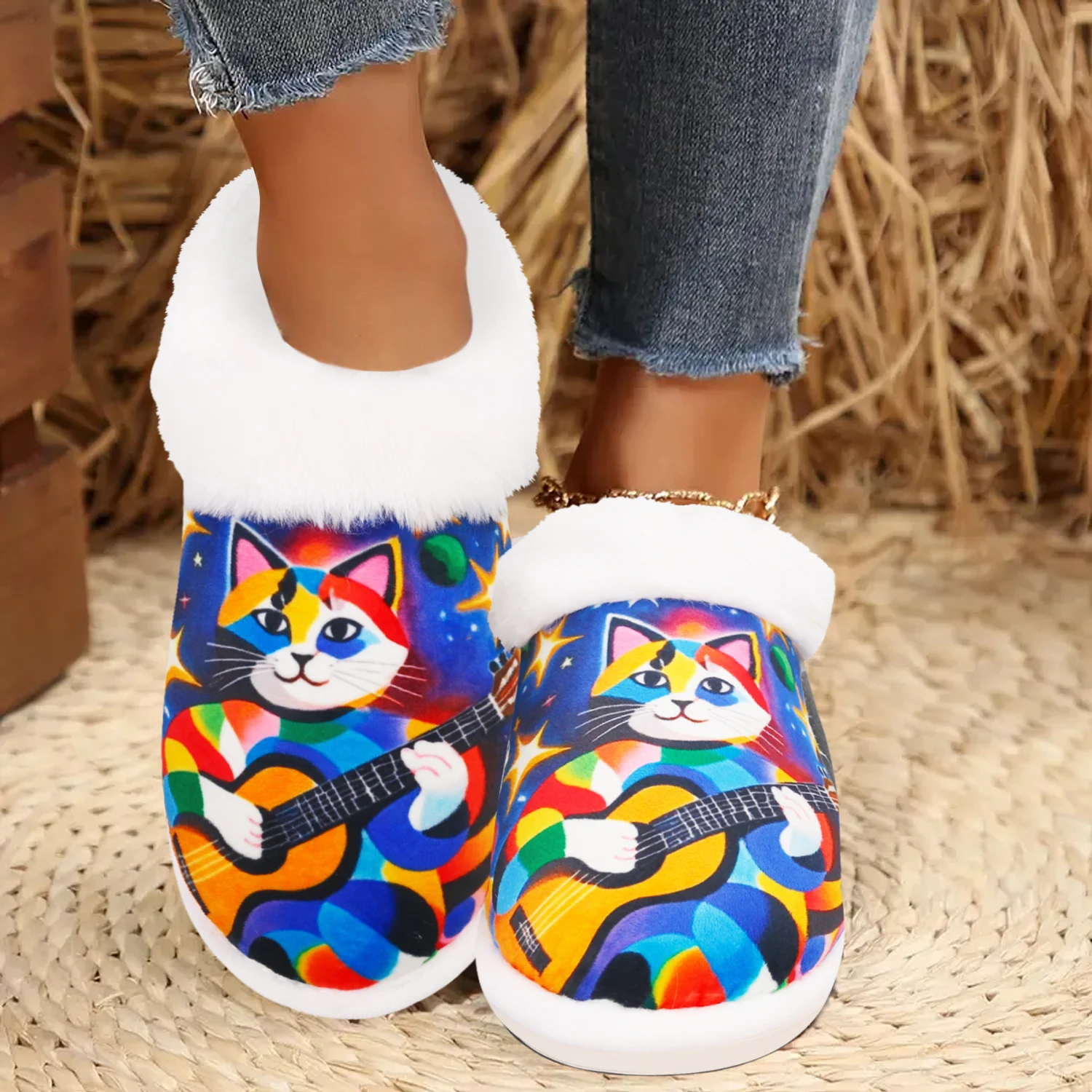 

Colorful Cat Holds the Guitar, Indoor/Outdoor Slippers, Soft Memory Foam House slippers, Comfy Fuzzy House Shoes