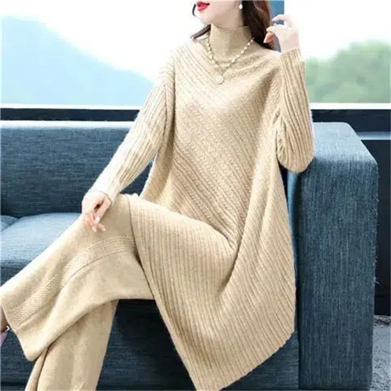 2025 New Autumn And Winter High Collar Sweater Two-Piece Set Irregular Women's Elastic Waist Pant Sets Loose Knit Suit Fashion