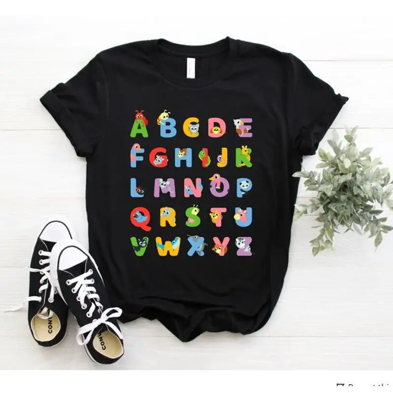 

Новая футболка с животными и алфавитом, милые буквы Abc, обучающие фанаты на день рождения