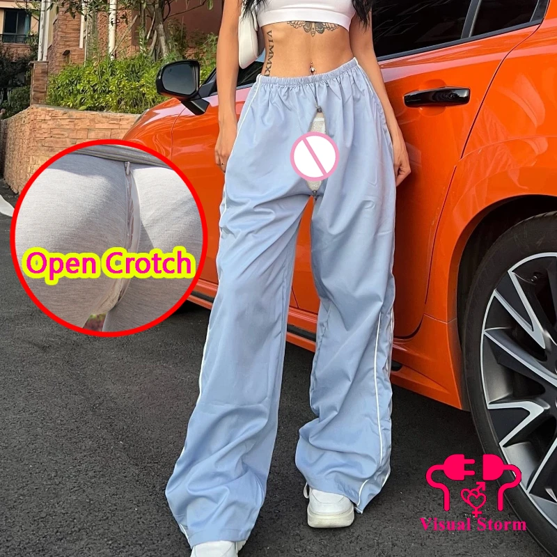 

Woman Open Crotch Pants Zipper Fashion Unique Drawstring Loose Fit Comfort Stretch Elastic Waist Multi Color Crotchless Panties