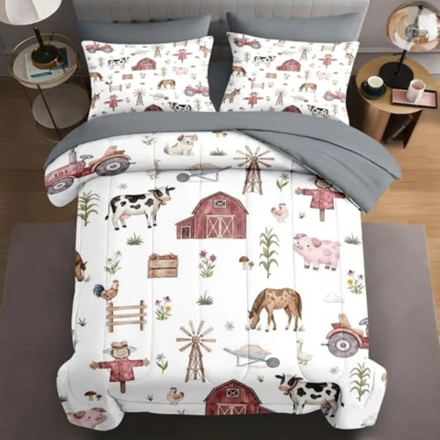 Juego de edredón de 7 piezas con 2 fundas de almohada y 2 fundas de cojín, ropa de cama para el hogar para adultos, diseño Árbol de pueblo y Caballo, en una bolsa con sábanas planas