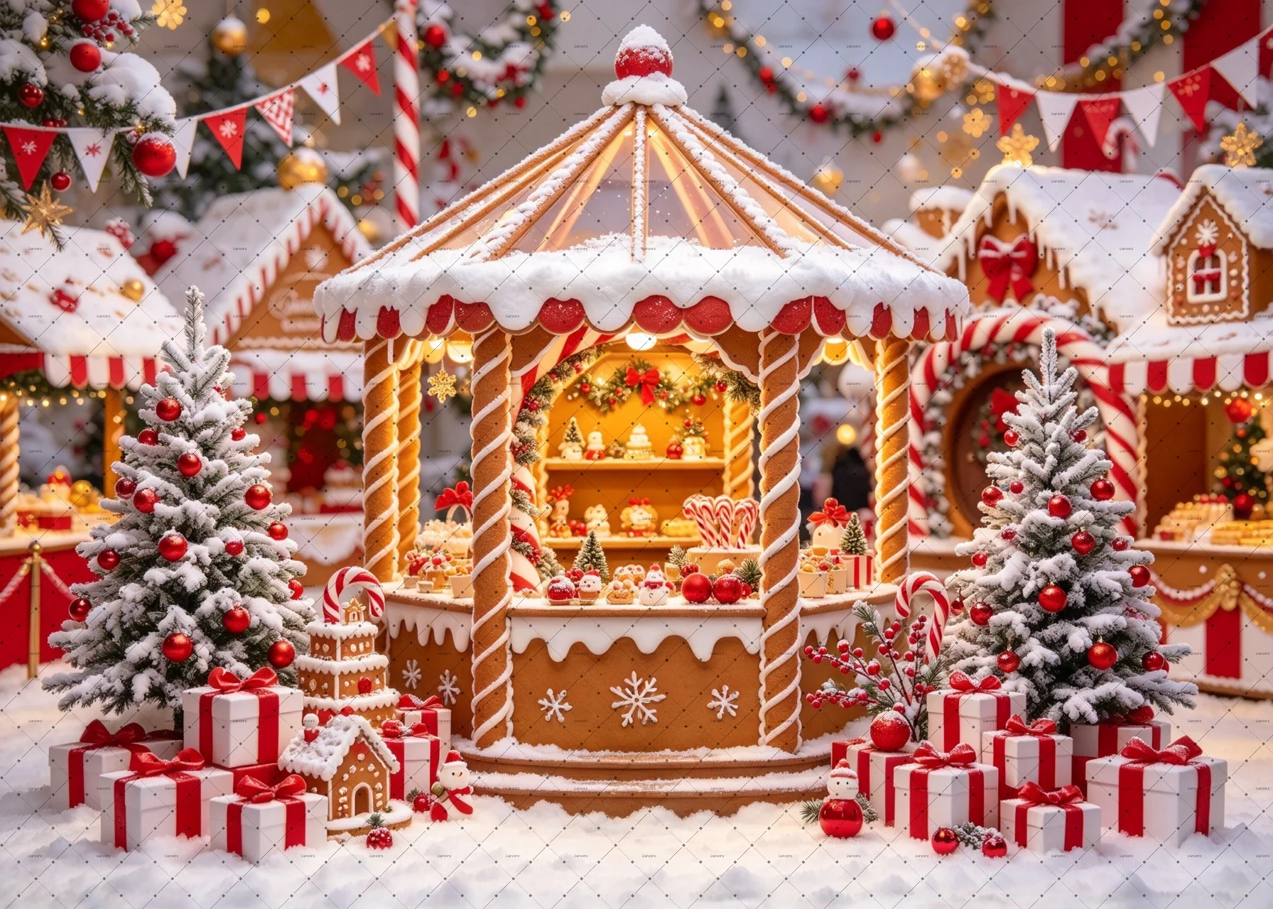 Christmas Gingerbread House Booth Backdrop Candy Cane Snow Tree Scene Photo Background Winter Family Portrait Studio Decor Prop