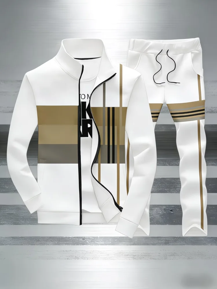 

Men's Classic Stripe Print Tracksuit Fashion Color Block Full Zip Jacket & Slim Fit Pants, Casual Sweat Suit for Daily Wear 6XL