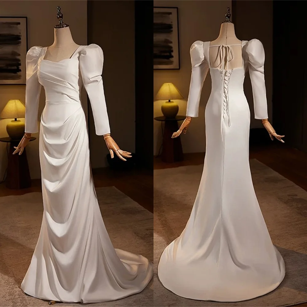 

Customized Exquisite Ivory Satin Evening Dress Graceful Square Collar Puff Sleeves Long Sleeves Lace Up Back Wedding Dress