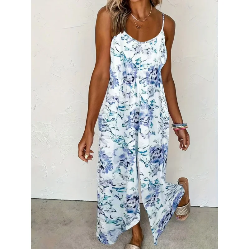 

Summer Hot-Selling High-Waisted Wide-Leg Jumpsuit for Women with Floral Print and Backless Design