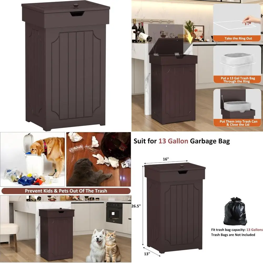 

Kitchen Trash Can Cabinet, 13 Gallon Garbage Bin, Wooden Recycling Bin, Freestanding Dog-Resistant Waste Container