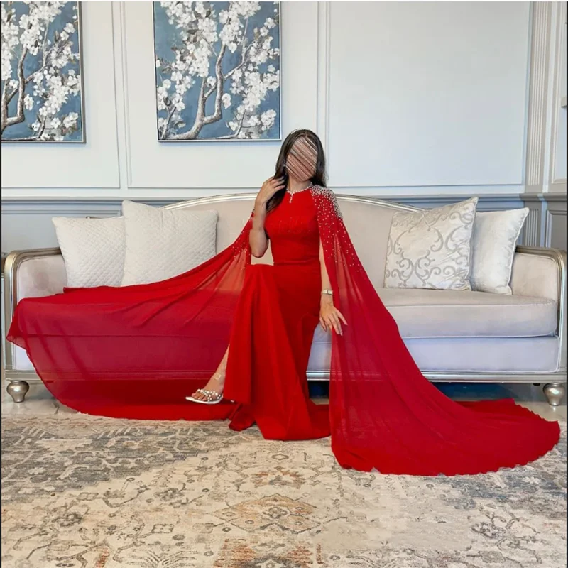 

Arabian Red Evening Dress Customized Round Neck Long Sleeves Pearls Beading Formal Party Dresses Saudi Special Occasion Gown