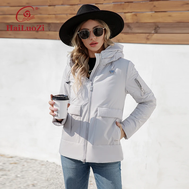 HaiLuoZi 2023 New Design Spring Autumn Women Jacket Classic Big Pocket Short Slim Female Outwear Hooded Zipper Women\'s Coat 3337