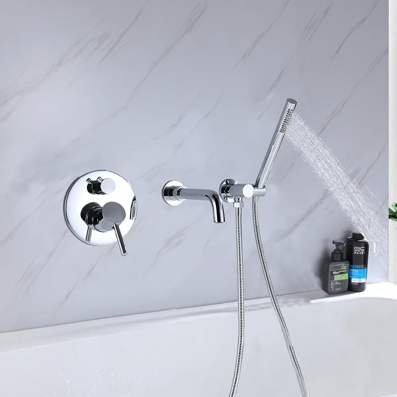 

Wall Mounted Bathtub Faucet Set with Handheld Shower Modern 3 Hole Roman Bathroom Tub Faucet Kit with Hand Shower Chrome