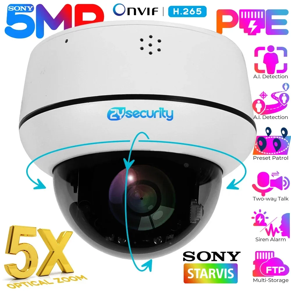 5MP Outdoor Dome IP Camera 5X Optical Zoom Security Cameras PoE Auto Tracking PTZ Camera Human Detect Wired Network CCTV Cameras