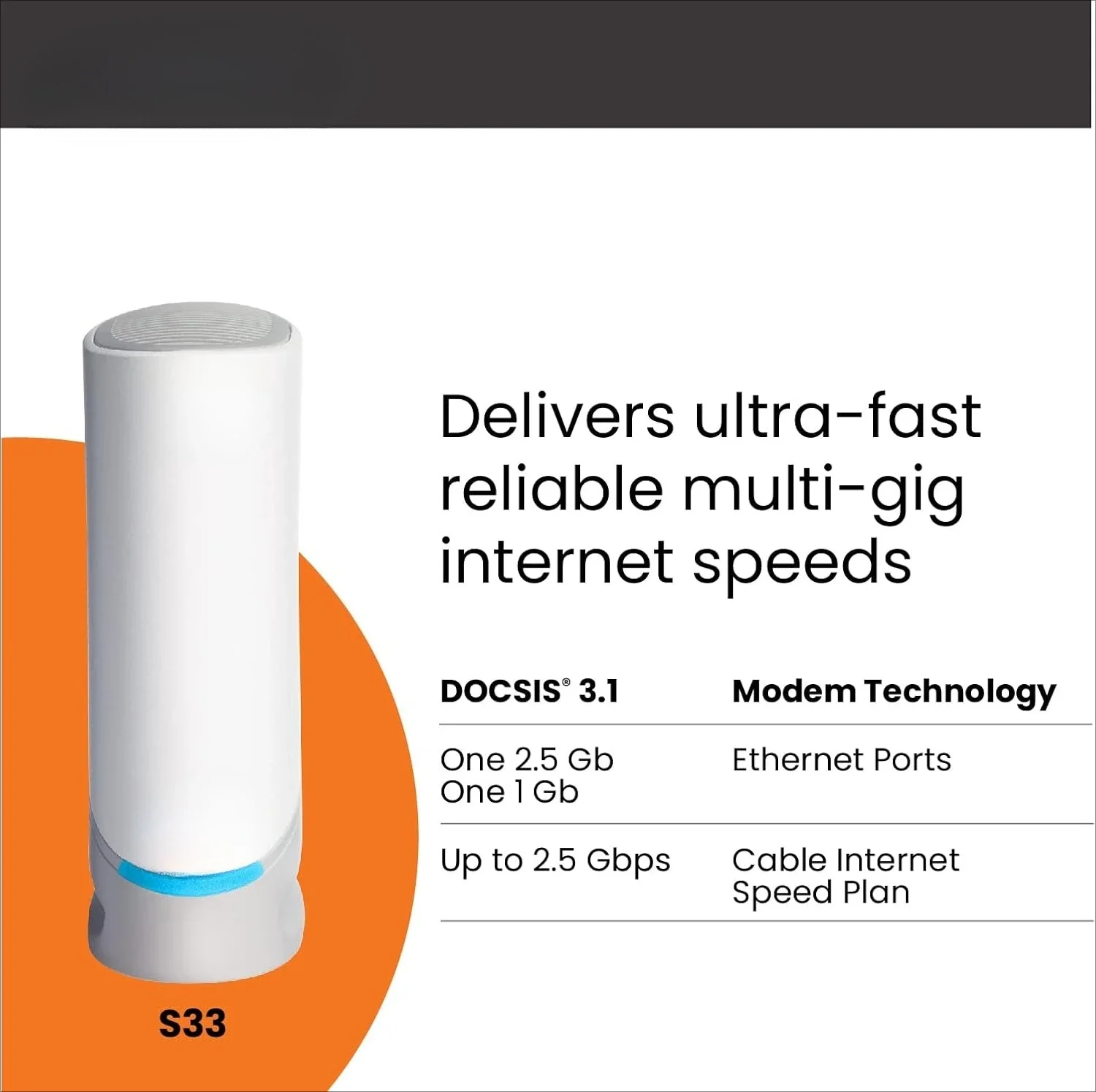 Cable Modem - Fast DOCSIS 3.1 Multi-Gigabit WiFi 1 & 2.5 Gbps Ports 2.5 Gbps Max Internet Speeds 4 OFDM Channels