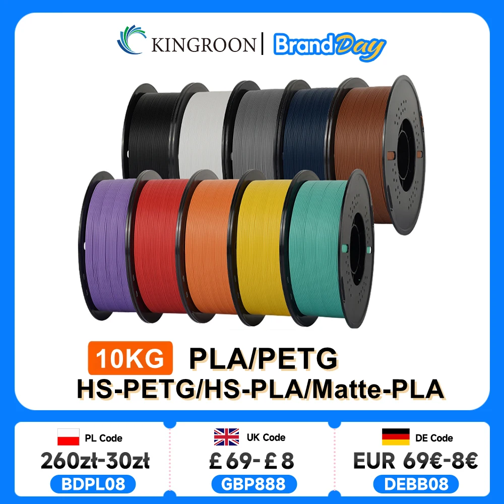 

KINGROON 10 кг (22 фунта) PLA PETG HS-PLA HS-PETG нить 1,75 мм высокоскоростной материал для 3D-принтера матовый PLA 1 кг * 10 рулонов смешанного цвета