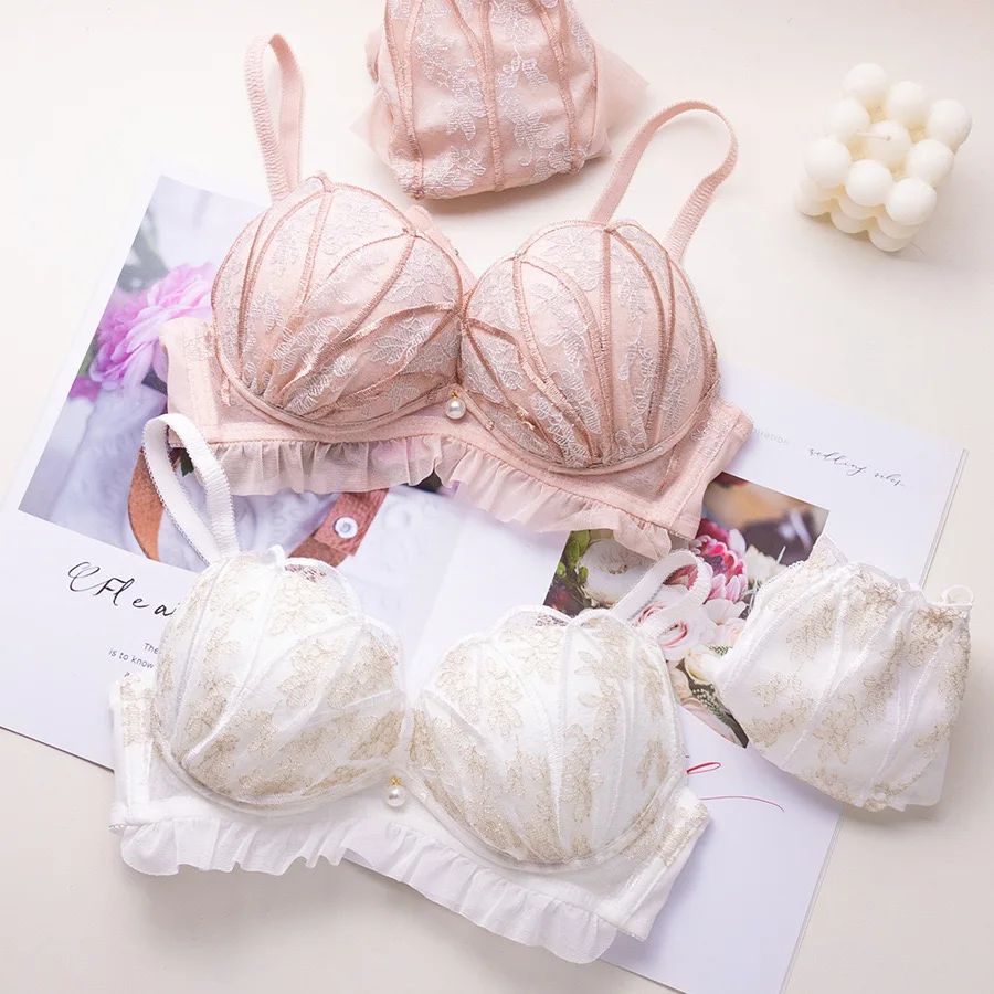 

2024 push up brassiere lace no steel ring Japanese fairy gathered bra underwear seamless bra true disc lingerie women large size
