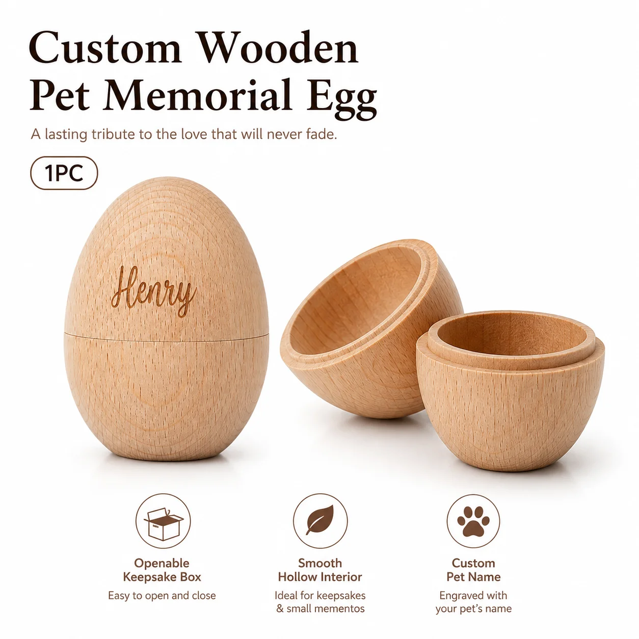 1Pc Custom Name Eggshell-Shaped Wooden Pet Memorial Box, Personalized Storage for Dogs, Cats, and Pet Keepsakes, a Heartfelt Gift for Grieving Pet Owners, High-Quality Item That Will Leave Lasting Memories