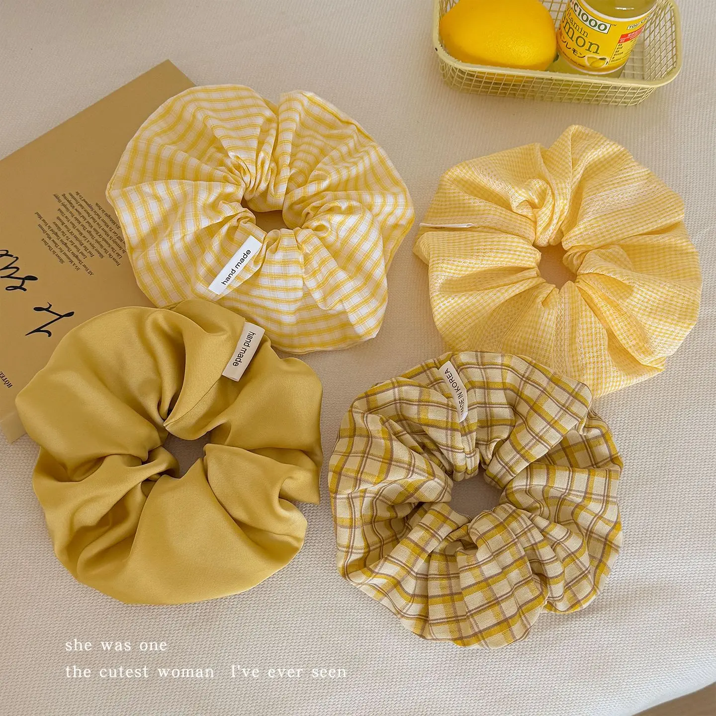 1 lazo para el pelo de intestino grueso a cuadros amarillo grande de estilo coreano, banda para el pelo de alta calidad para colas de caballo, flor para la cabeza versátil