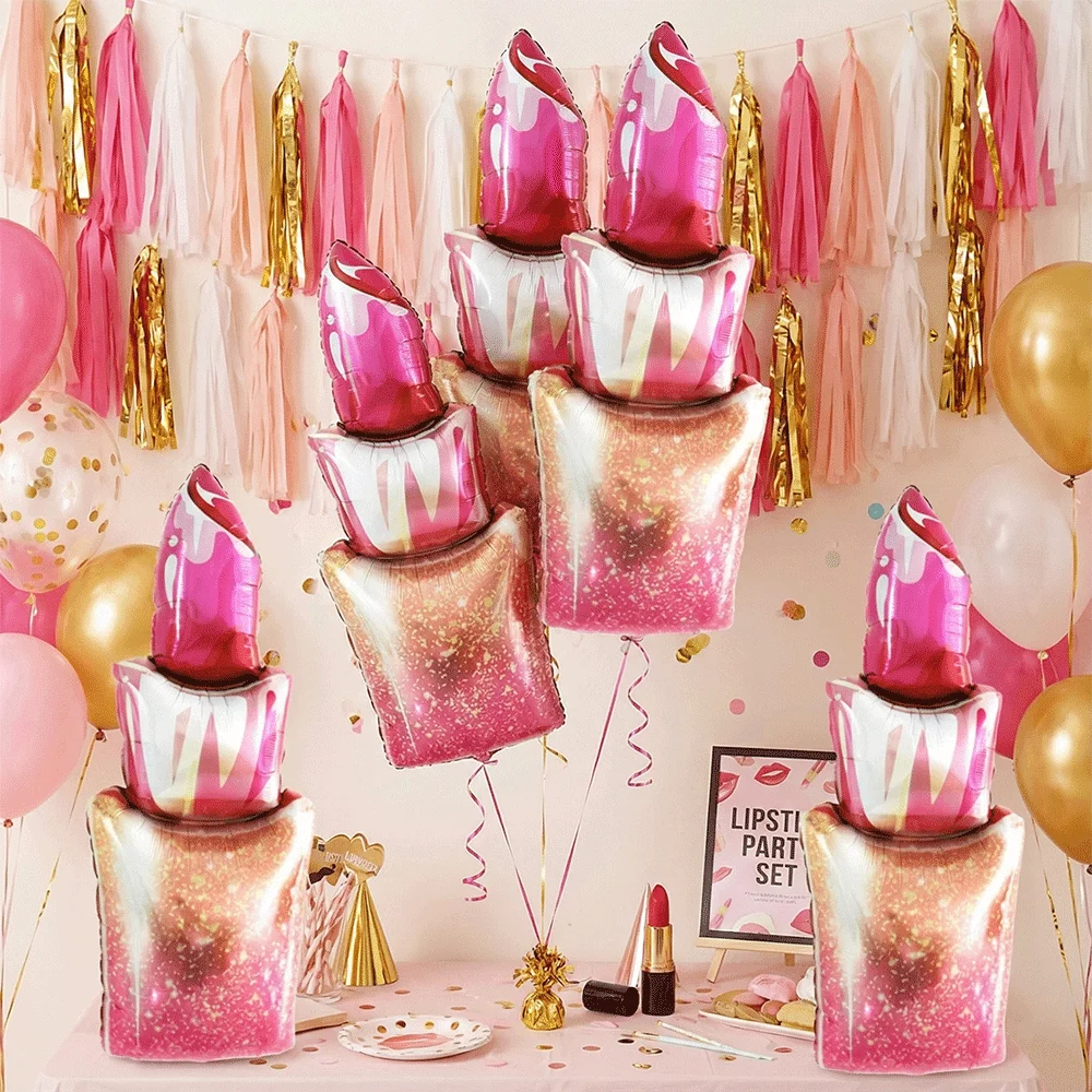 5pcs Giant Lipstick Foil Balloons Kiss Makeup Galentines Day Valentine's Day Wedding Decoration Girl Birthday Spa Party Supplies