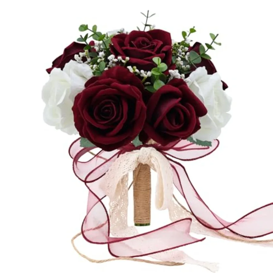9in Wedding Bouquets for Bride Bridesmaid, Burgundy and White Artificial Roses Flowers Bouquet for Rustic Church Boho Wedding o