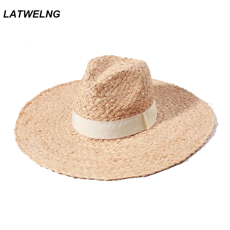 

ins fashion big brim raffia sun hats for women summer british top beach hats vacation wide brim fedora straw hat wholesale