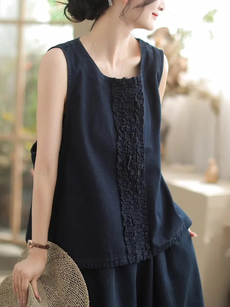 

Модный джинсовый жилет, повседневный свободный жилет без рукавов, круглый, чистый цвет, летний новый женский топ, модный женский топ на пуговицах...