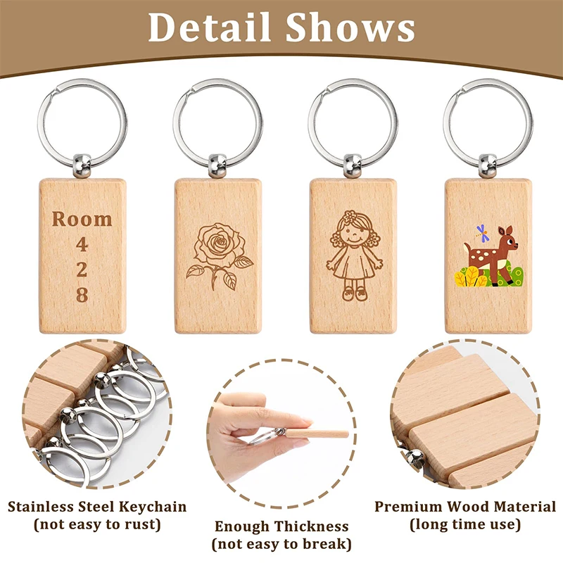 100Pcs Rectangular Wood Keyring Wooden Keychain