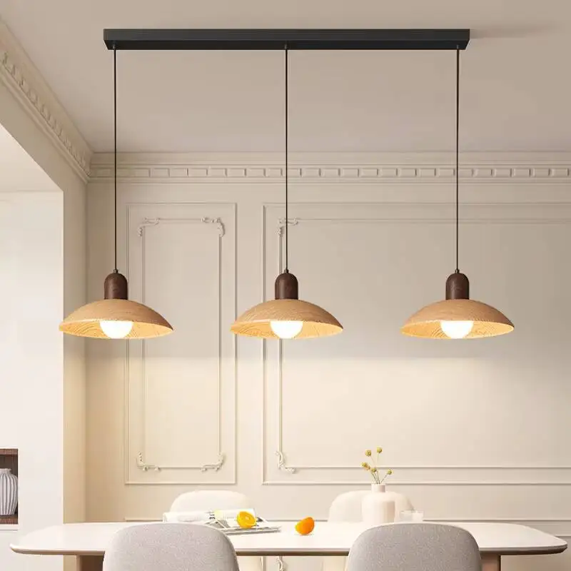 Home Medieval Style Restaurant LED Chandelier Retro Walnut Wood Color Chandelier Ceiling Light Three-headed Indoor Lighting Lamp