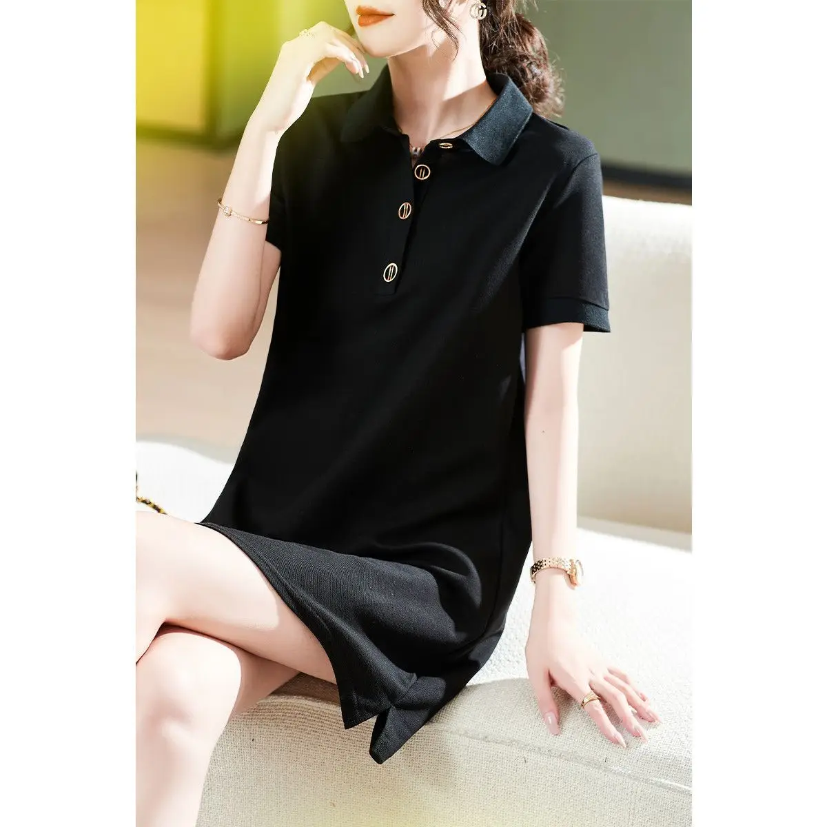 夏服 レディース カジュアル ボタン ポロ襟 半袖 無地 ミディアム丈 Tシャツ おしゃれ 若見えワンピース