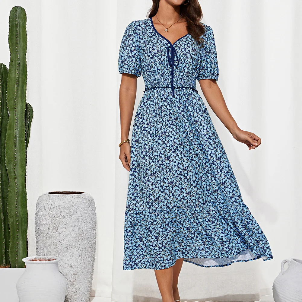 Gk feminino senhoras vestido de cintura elástica manga curta com decote em v em camadas a linha vestido de panturrilha média mangas curtas com abertura elástica