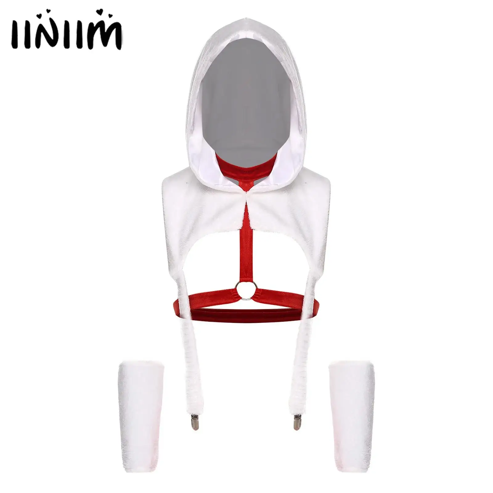 

Mens Christmas Funny Lingerie Plush Santa Costume Hooded Crop Tops with Suspender Clips And Body Chest Harness And Oversleeves