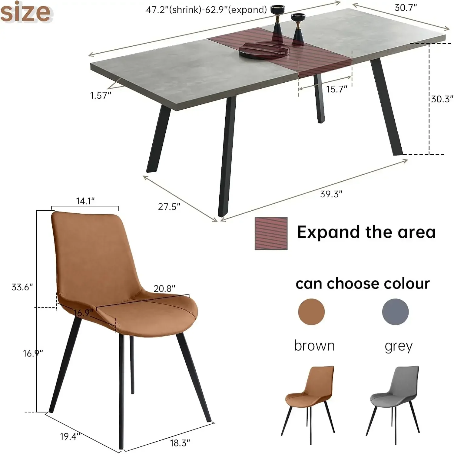 5 Piece Dining Table Set, 46 Inch Modern Kitchen Table with 6 Dining Chairs for 4, Expandable MDF Dining Table with Steel Legs