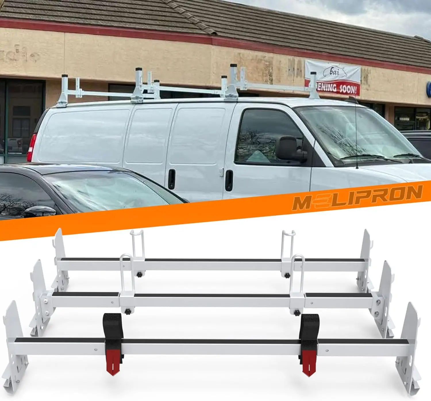 Heavy Duty No Drill Roof Ladder Rack for Chevy Express Vans 1996-2025, Fits Cargo Vans with Rain Gutters
