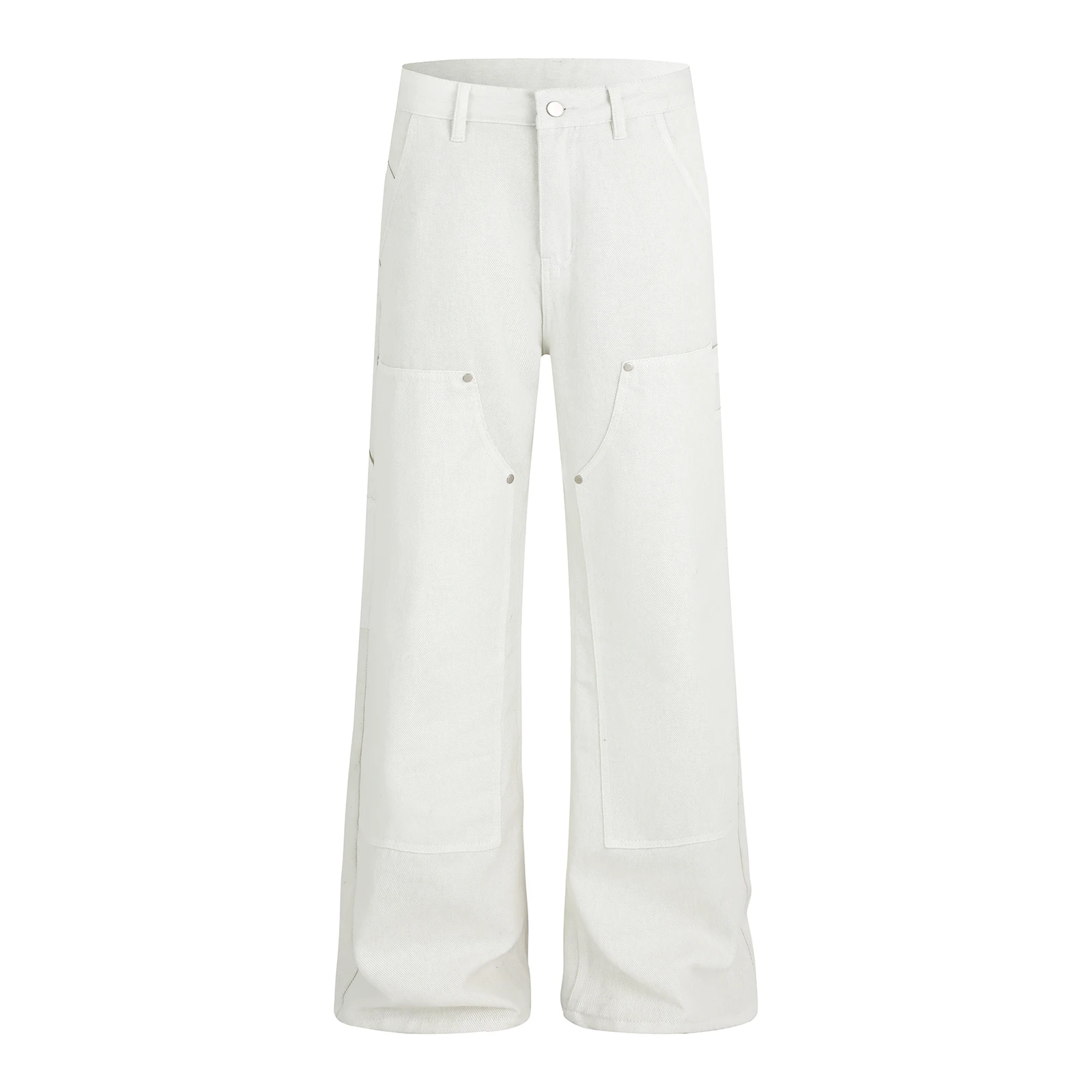 Calças Cargo Brancas Unissex, Estilo Streetwear, Largas, Casuais, Boca de Sino, com Bolsos Laterais, Detalhes em Rebites e Patchwork, Calças Largas pa