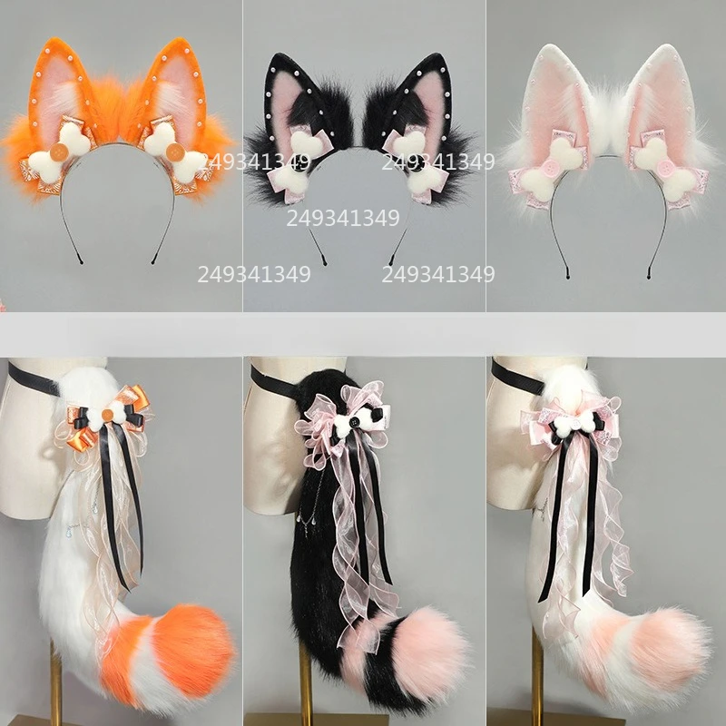 Fox Furry Cosplay Headwear Bone Ribbon Decorate Ears Tail Gloves Sweet Woman Lolita Dress Up Props Comic-con Costume Accessories