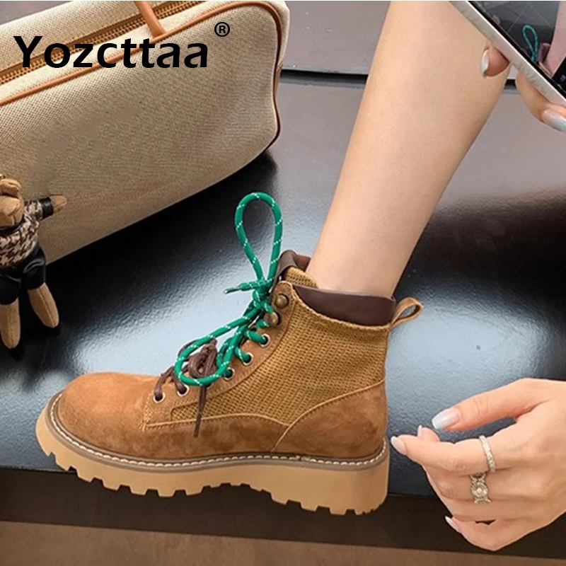 Yozcttaa Size 35-40 Women Combat Boots Ankle High Real Leather Thick Heels Shoes Casual Platform Hike Dress Motorcycle Boots