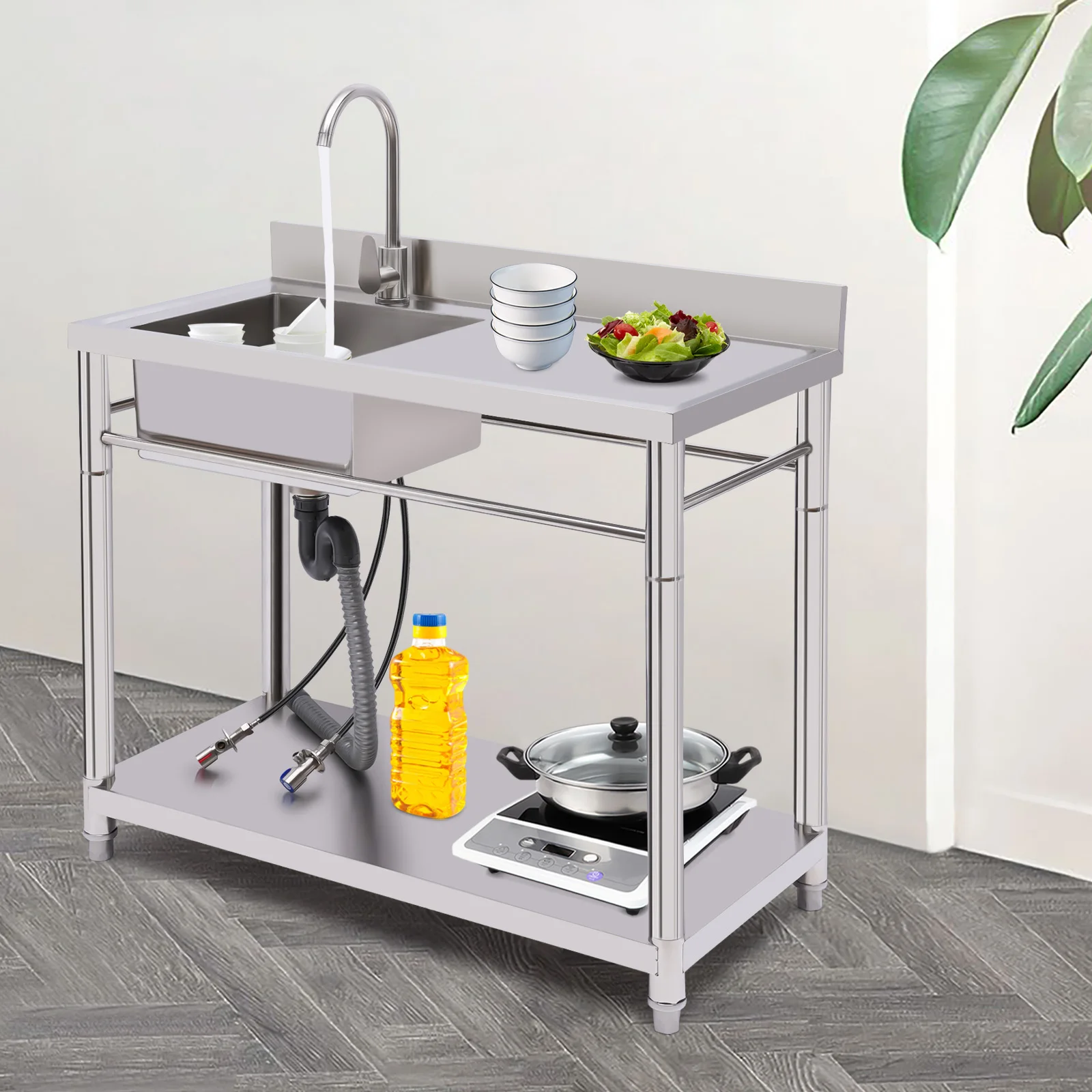 304 Stainless Steel Free-Standing Prep Table with Utility Sink and Console Stand for Outdoor Indoor Garage Kitchen Laundry Room