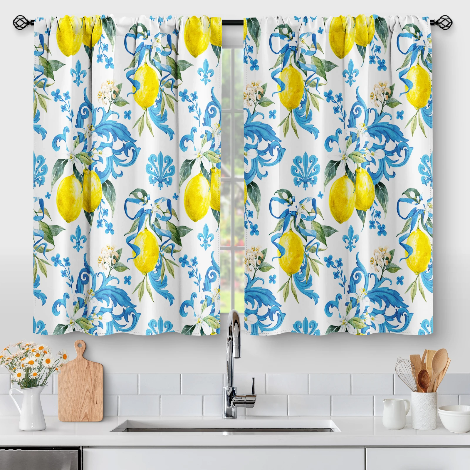 

2 Panels Lemon Flower Kitchen Curtains, Country Leaves Rustic Small Short Cafe Curtains Farmhouse Fruits Botanical Plant Tier Cu