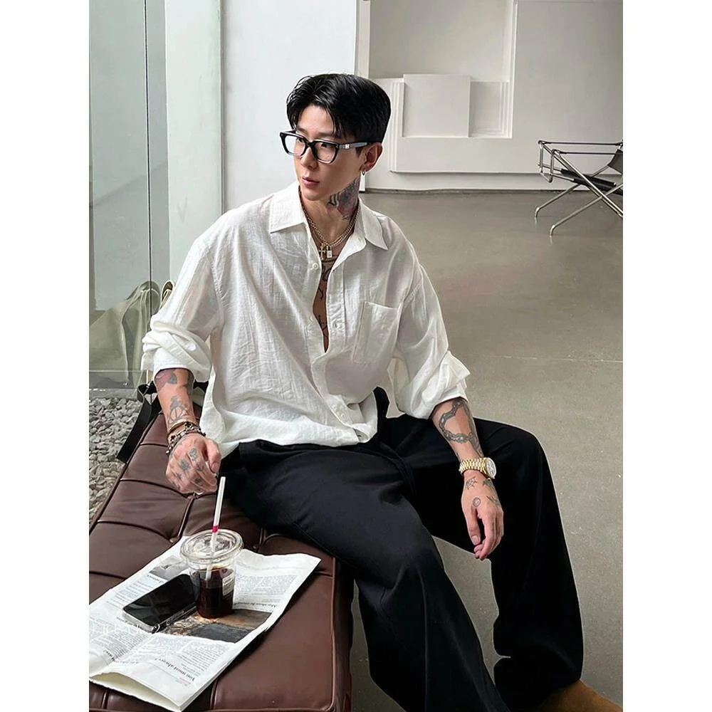 

High-End Linen Long Sleeve Men's Shirt Loose Sun Protection Cotton PU Leather Fake Two-Piece Collar City Walk Fashion