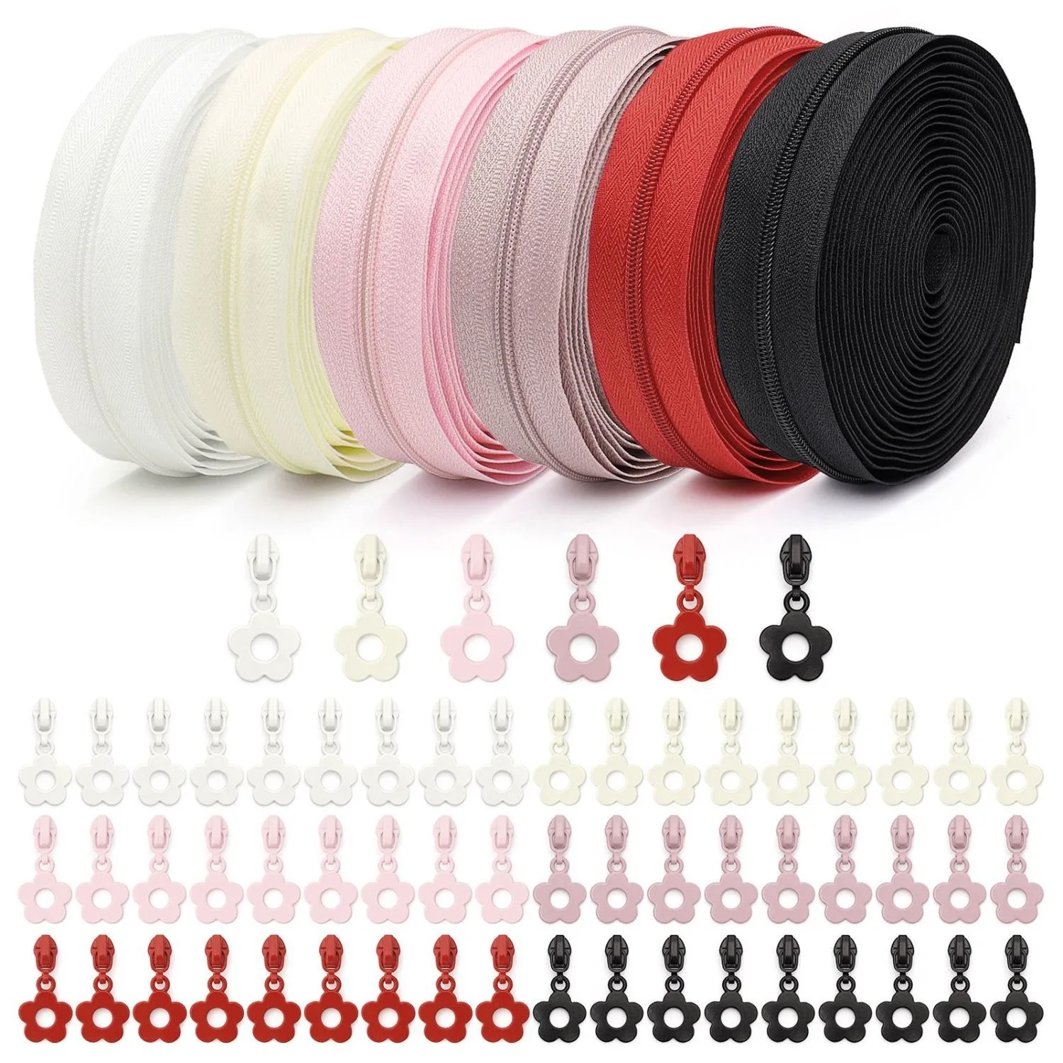 #3 Nylon Zipper 4.5 Meters and 10 Small Flower Zipper Pulls Suitable for DIY on Suitcases Bags and Pencil Cases