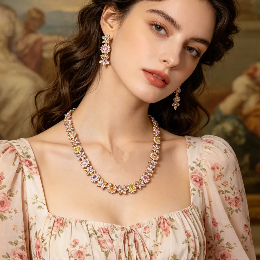 

Butterfly Flower Cubic Zirconia Jewelry Set Multi Color Necklace & Drop Earrings for Women Bridal Wedding Party Accessories Gift