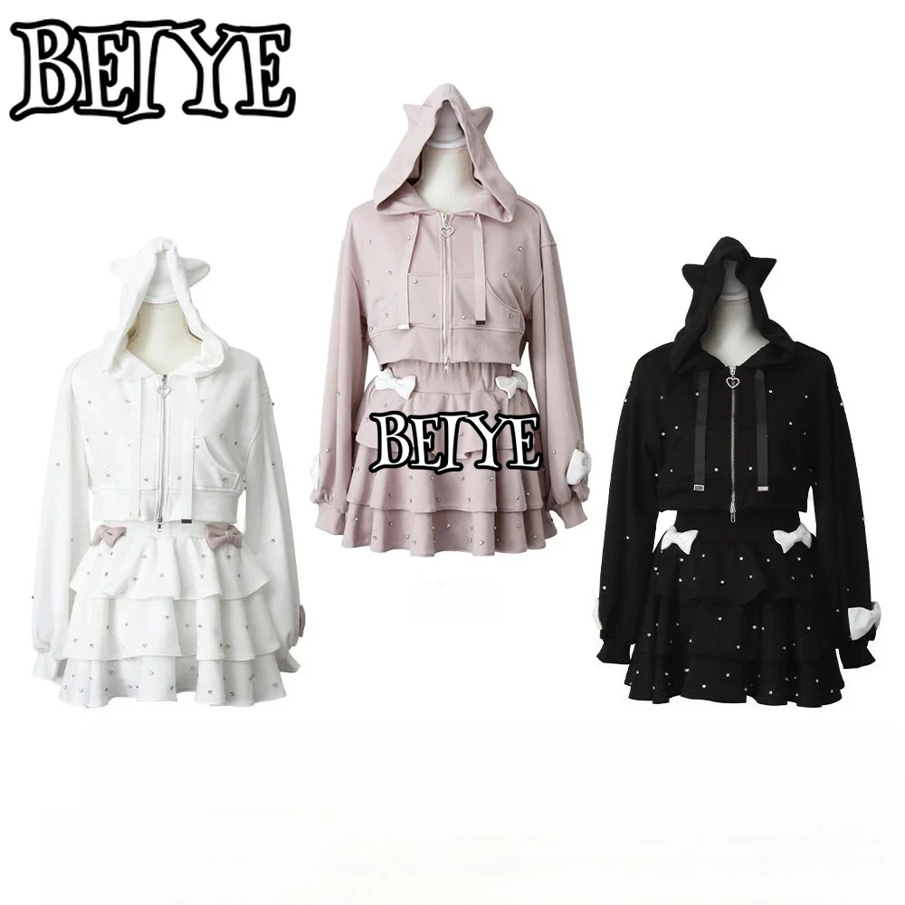 

Japanese Lolita Skirts Set Delicate Bow Hot Diamond Sweatshirt Coat Short Sports Skirt Hooded Sweet Mini Skirt Two Piece Sets