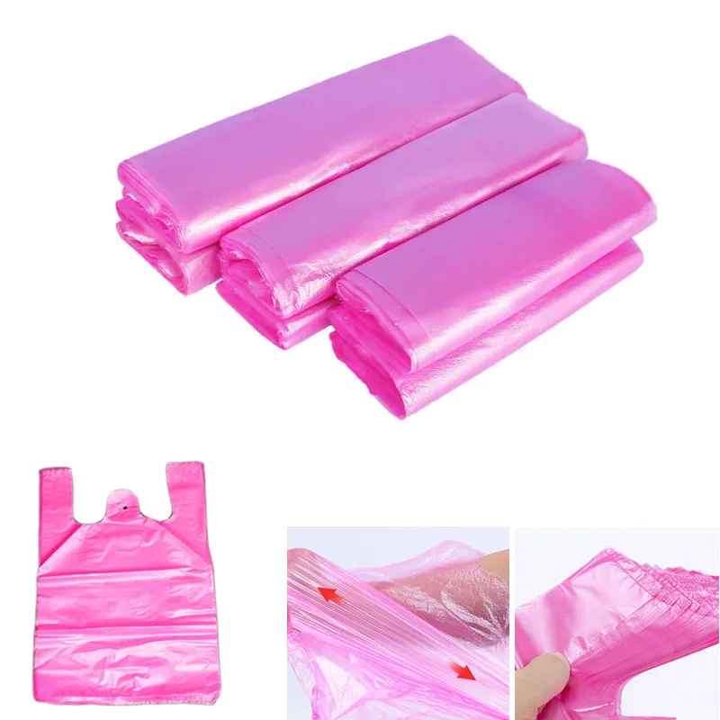 100Pcs Pink Plastic Bag Vest Storage Bag Supermarket Grocery Shopping Takeaway Packing Garbage Bag Kitchen Living Room Clean