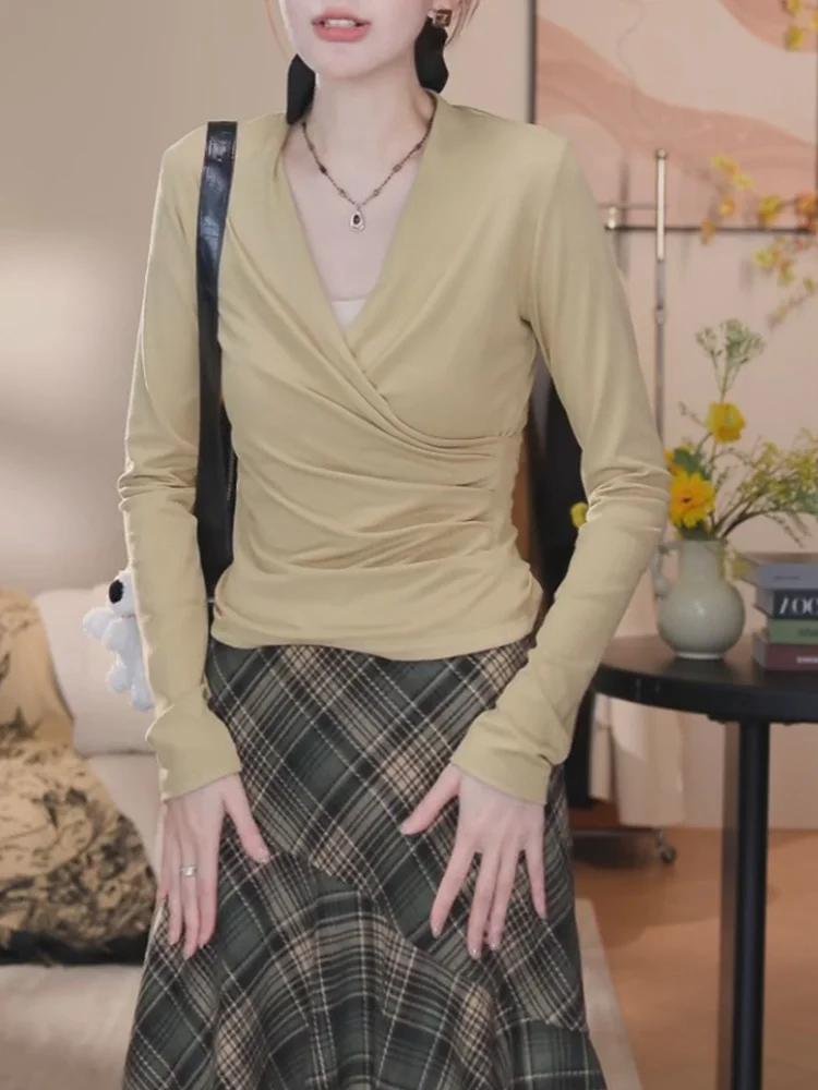 

Корейская модная женская футболка с длинным рукавом и V-образным вырезом, больших размеров, осенняя новинка, универсальная повседневная одежда