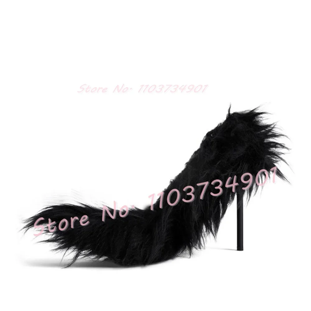 Black Faux-Fur Slip-On Pumps Women Sexy Pointed Toe Stiletto High Heels Shoes Ladies Fashion Elegant Solid Casual Big Size Pumps