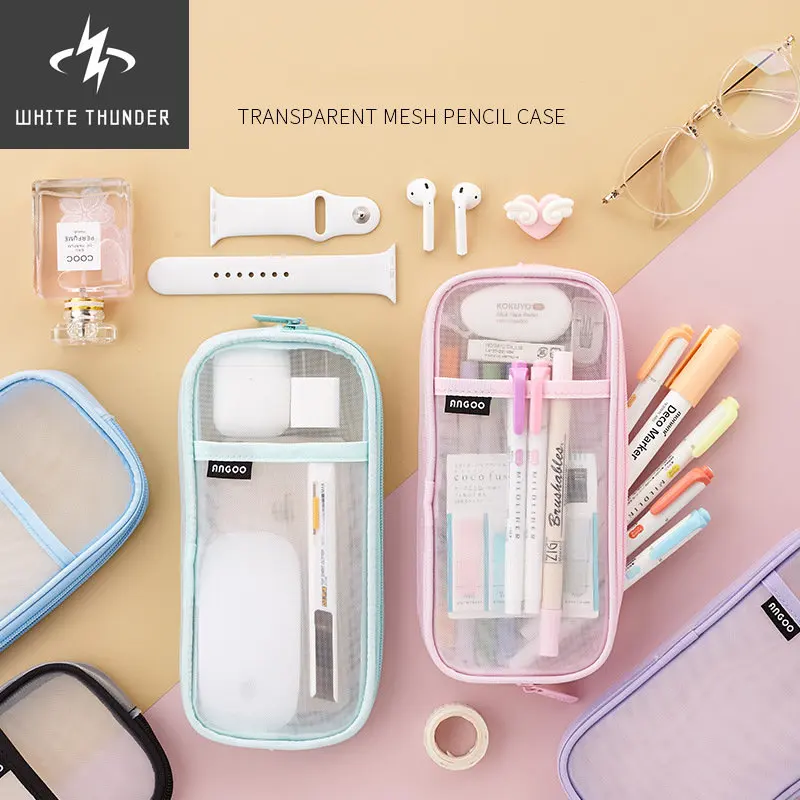 1pcs Angoo Transparent Mesh Pencil Case Pen Bag High Quality Ice Cream Color Storage Pouch Organizer for Stationery School A6452