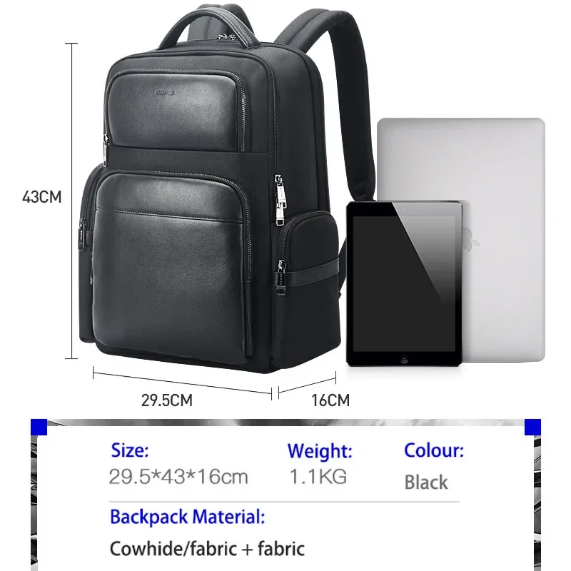 BOPAI Genuine Leather Backpack 15.6 Inch Laptop Computer Bag  USB Charging Men\'s Business Backpack Travel Casual Shoulder Bag